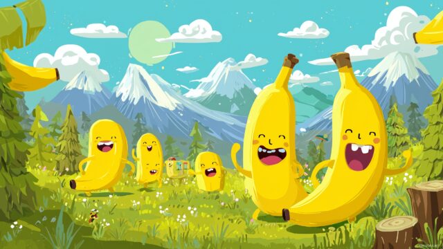 banana desktop wallpaper free download, cheerful banana characters in a cartoon style set in a joyful landscape.