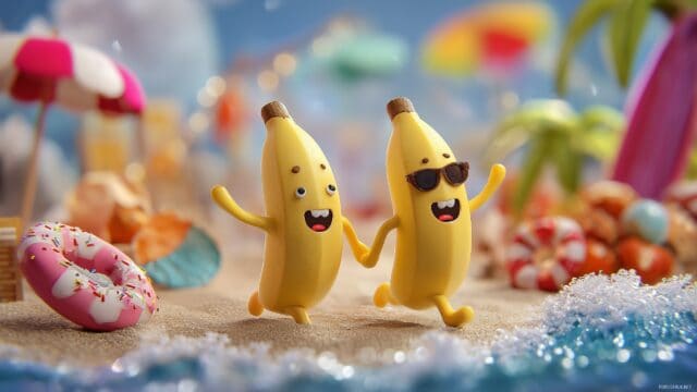 banana desktop wallpaper free download, playful banana figures enjoying a beach day with vibrant elements in the background.