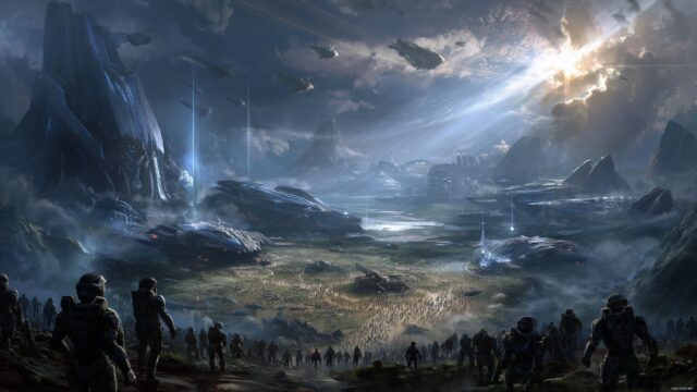 Halo Reach Wallpaper Backgrounds, A Dramatic Battle Scene Featuring Iconic Characters From Halo Reach, Surrounded By Alien Landscapes, High Fidelity