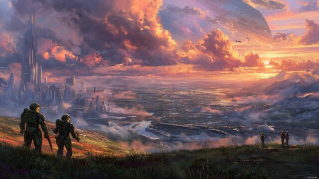 Halo Reach Wallpaper Desktop, An Epic Landscape From Halo Reach With A Futuristic City In The Background, Vibrant Colors And Characters, Highly Detailed