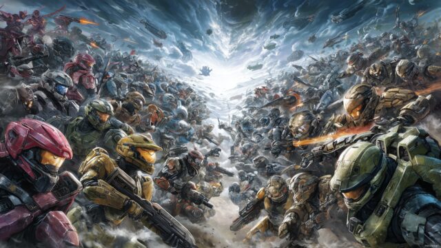 Halo Reach Wallpaper For Gamers, An Illustrated Action Scene Featuring Various Halo Reach Warriors, Intense Action And Stunning Visuals For Gaming Setups