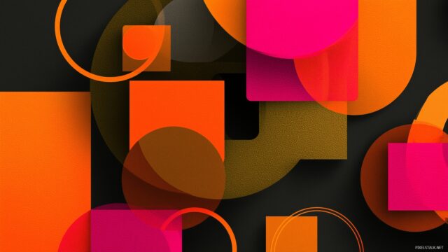 laptop HD wallpaper for abstract shapes, bold overlapping circles and squares in a dynamic composition.