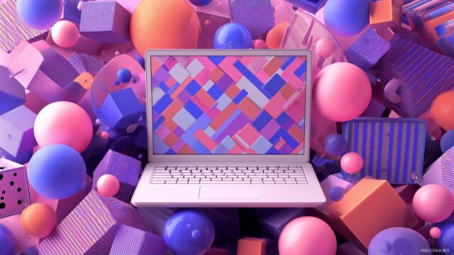 laptop HD wallpaper for creative desktop backgrounds, a symphony of geometric shapes interacting in a lively arrangement.