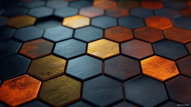 laptop HD wallpaper, hexagonal tiles in a rich color scheme producing a striking visual effect.
