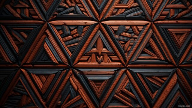 laptop HD wallpaper, intricate triangular patterns in contrasting colors creating depth and dimension.