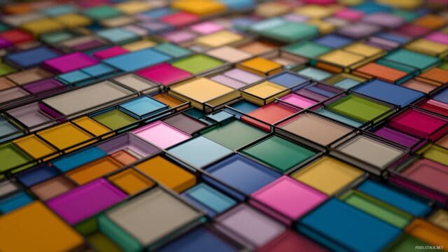 laptop HD wallpaper with geometric patterns, a grid of multicolored squares and rectangles constructing a lively mosaic.