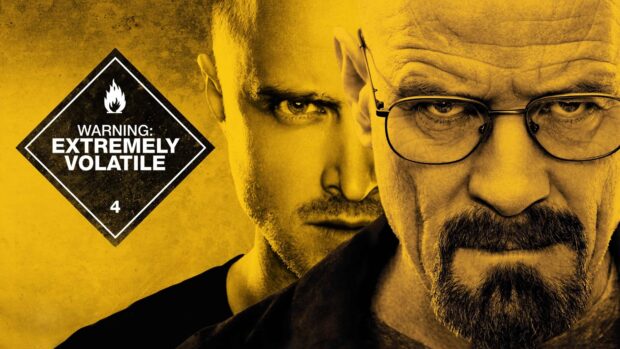 Aaron Paul wallpapers show intense stare behind Walter White on yellow background, 4K Desktop Wallpaper