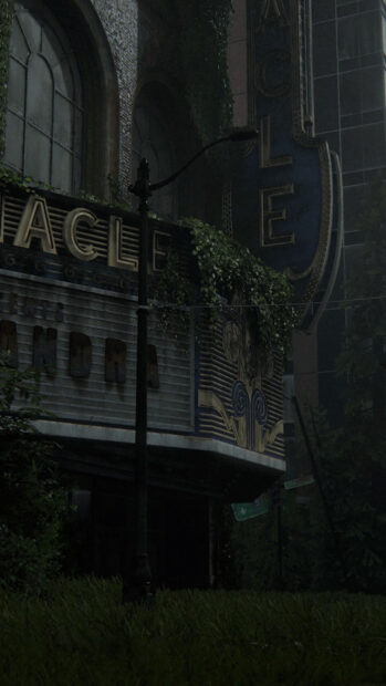 An old Eagle Theater is overtaken by nature in a ghost town scene, HD Phone Wallpaper