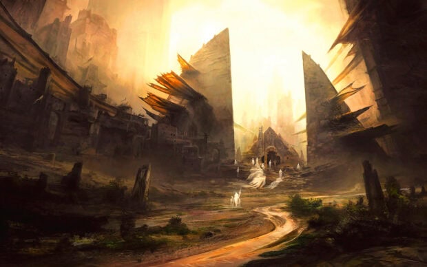 A ghost town shows ancient ruins with mysterious figures near crumbling walls, 2K Desktop Wallpaper