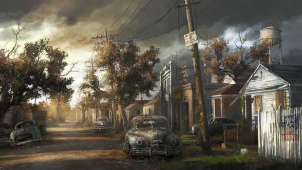 A quiet street with abandoned rusty cars and old buildings in a ghost town, 4K Desktop Wallpaper