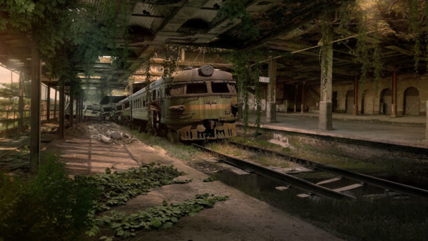 An old train sits still in an abandoned station overgrown with plants in a ghost town, HD Desktop Wallpaper