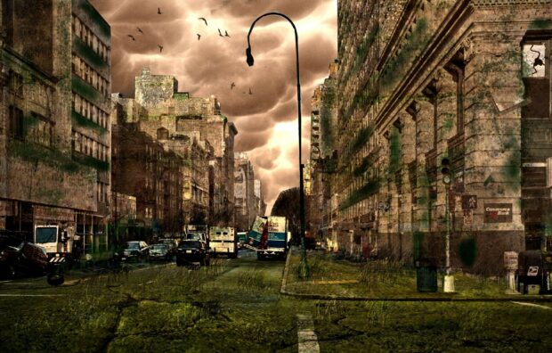 An abandoned city street shows the effects of nature reclaiming urban buildings and roads in ghost town wallpapers, 2K Desktop Wallpaper