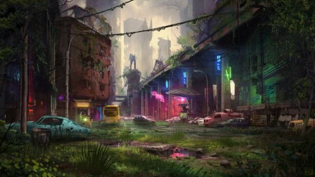 A ghost town with overgrown vegetation and abandoned vehicles under a crumbling urban structure, 2K Desktop Wallpaper
