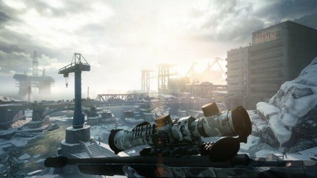 A sniper scope overlooking an abandoned industrial ghost town under cloudy skies, 4K Desktop Wallpaper