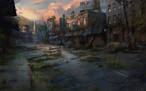 The ghost town shows empty streets with overgrown plants and old buildings, HD Desktop Wallpaper