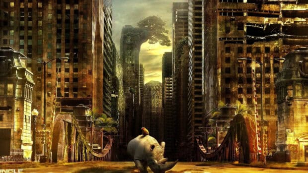 A wild rhino walking through an abandoned and decayed ghost town street, 2K Desktop Wallpaper