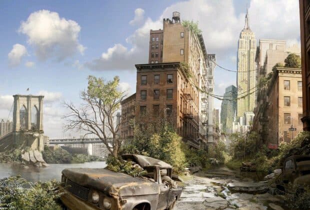 A deserted city street with damaged cars and overgrown plants under a cloudy sky, HD Desktop Wallpaper