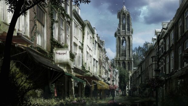 An abandoned urban street overgrown with plants and a historic tower under a cloudy sky at dusk, HD Desktop Wallpaper