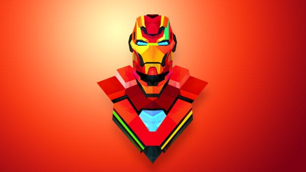 This Justin Maller Wallpapers features a geometric abstract design of Iron Man with vibrant red and yellow colors, 2K Desktop Wallpaper