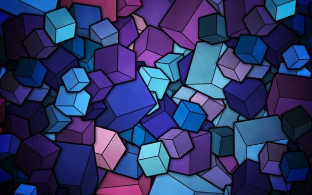 A colorful arrangement of blue and purple cubes creates an abstract design featuring cube wallpapers, 2K Desktop Wallpaper