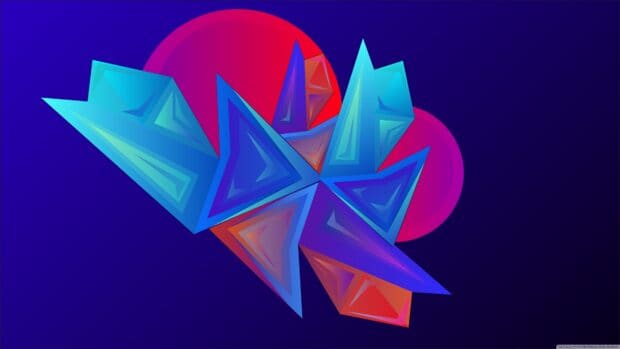 Abstract facets design features blue and red geometric shapes on a dark background, 4K Desktop Wallpaper