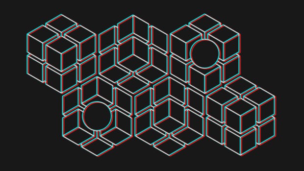 An abstract digital art featuring cubes with a 3D glitch effect in red and blue outlines, HD Desktop Wallpaper