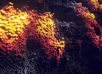 Abstract digital art with glowing cubes forming vibrant shapes in dark space, 4K Desktop Wallpaper