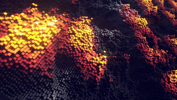 Abstract digital art with glowing cubes forming vibrant shapes in dark space, 4K Desktop Wallpaper