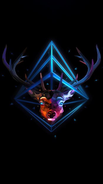 A digital artwork featuring a colorful deer head inside a glowing geometric shape inspired by Justin Maller Wallpapers, 4K Phone Wallpaper