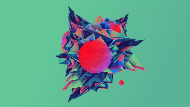 An abstract 3D geometric design featuring facets and vibrant colors on a green background, 2K Desktop Wallpaper