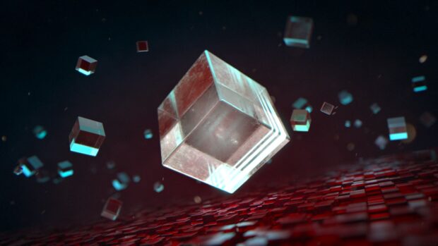 A transparent cube with glowing edges floats above a surface covered in small red cubes, 4K Desktop Wallpaper