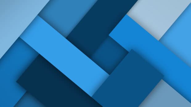 The image shows an abstract geometric design featuring overlapping blue shapes and shadows typical for backdrop wallpapers, 4K Desktop Wallpaper
