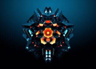 A vibrant geometric shape features facets with glowing orange and blue colors on a dark background, 2K Desktop Wallpaper