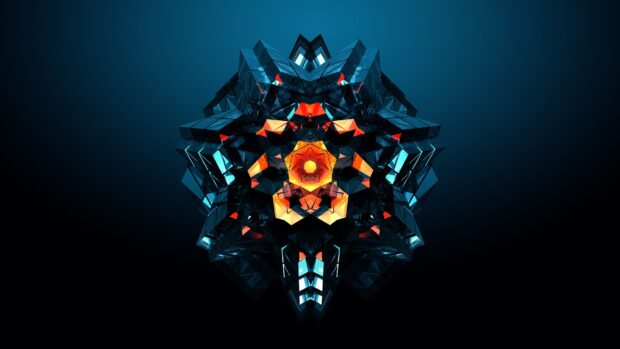 A vibrant geometric shape features facets with glowing orange and blue colors on a dark background, 2K Desktop Wallpaper