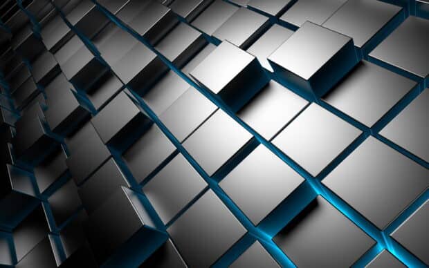 Abstract metallic cubes with blue light arranged in a dynamic pattern, HD Desktop Wallpaper