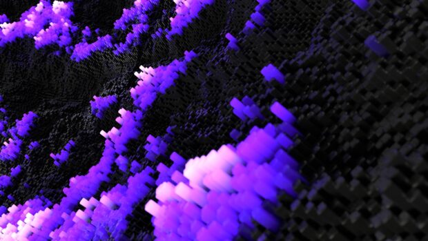 An abstract digital pattern with purple and black voxel elements creates a dynamic backdrop wallpaper, 4K Desktop Wallpaper