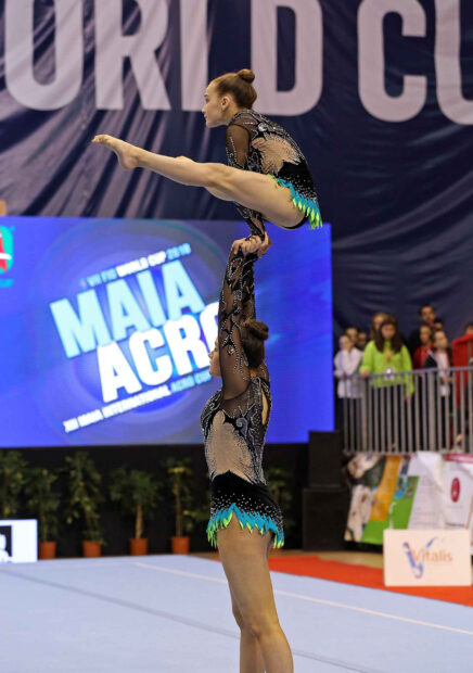 A female acrobatic gymnastics duo perform a balancing act during a competition, HD Mobile Wallpaper
