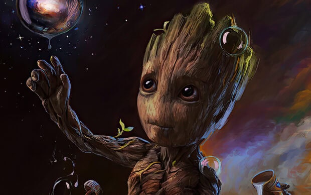 Groot wallpapers showing a cute wooden character with big eyes reaching out to bubbles in space, HD Desktop Wallpaper