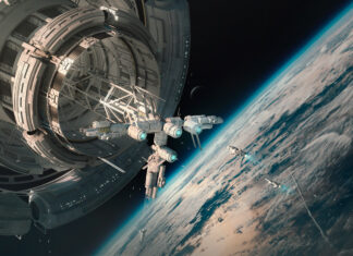 A large space station is orbiting Earth with several smaller spacecraft nearby in space, 4K Desktop Wallpaper