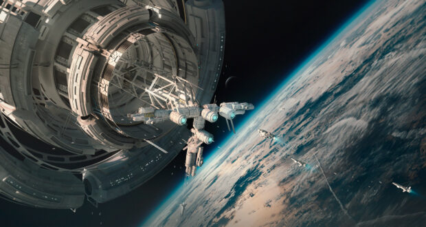 A large space station is orbiting Earth with several smaller spacecraft nearby in space, 4K Desktop Wallpaper