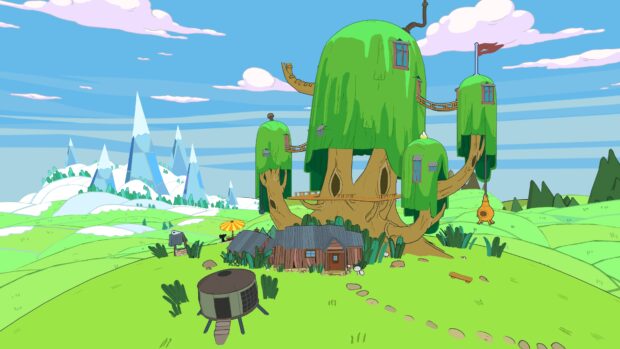 The Adventure Time TV series treehouse stands in a vibrant grassy field under a blue sky, 4K Desktop Wallpaper