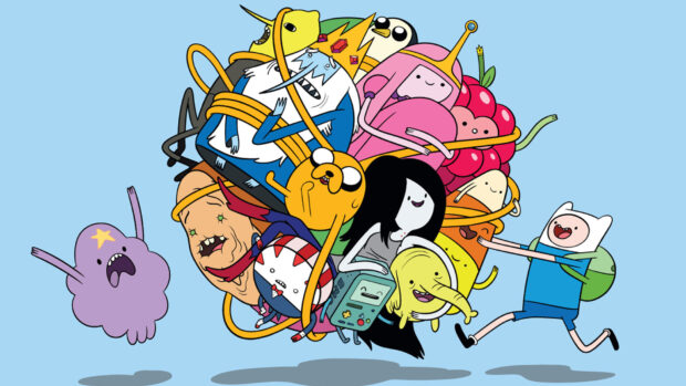 The Adventure Time Tv Series characters are shown running together in this colorful scene, HD Desktop Wallpaper