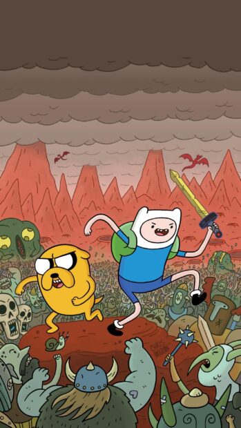Finn and Jake fight together against enemies in a fantasy land, 2K Phone Wallpaper