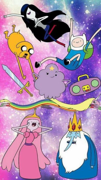 The Adventure Time Tv Series characters float in a colorful space background with vibrant expressions, HD Mobile Wallpaper