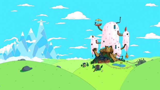 The Adventure Time Tv Series shows a bright and detailed landscape with a large pink tree and ice mountains, HD Desktop Wallpaper