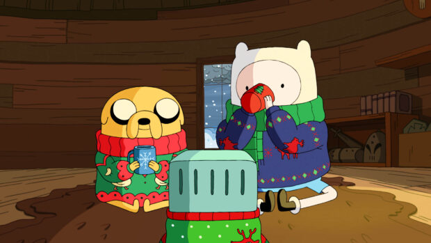 Finn and Jake drink tea by the heater in a cozy cabin, HD Desktop Wallpaper