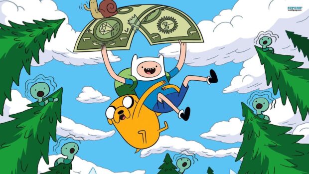 Finn and Jake floating with money in a bright sky, HD Desktop Wallpaper
