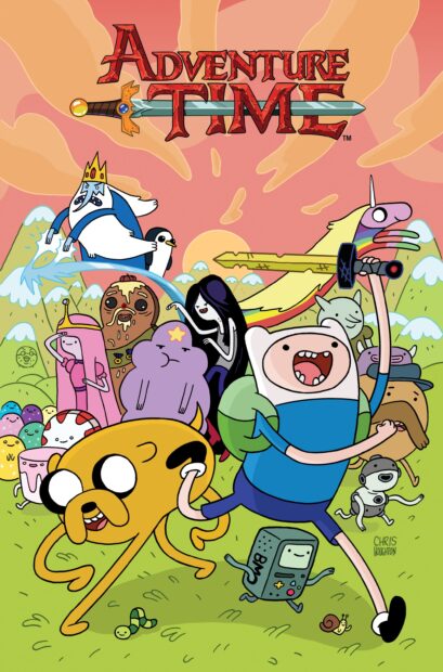 The Adventure Time tv series wallpapers show main characters running joyfully in a colorful meadow, 2K Desktop Wallpaper