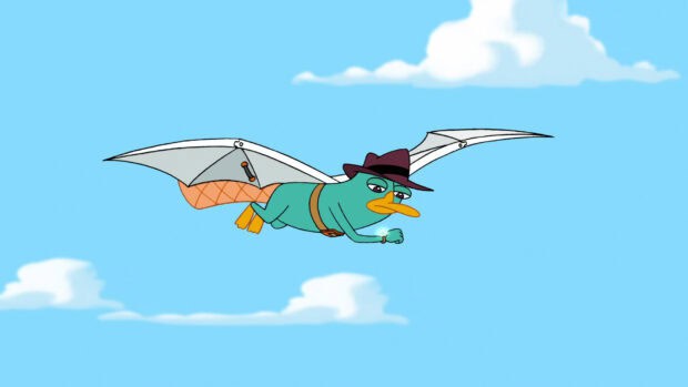 Agent Perry is flying with mechanical wings and a glowing watch in a blue sky with clouds, HD Desktop Wallpaper