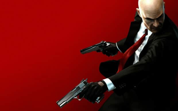 The hitman game features a bald man with guns and a red tie, HD Desktop Wallpaper